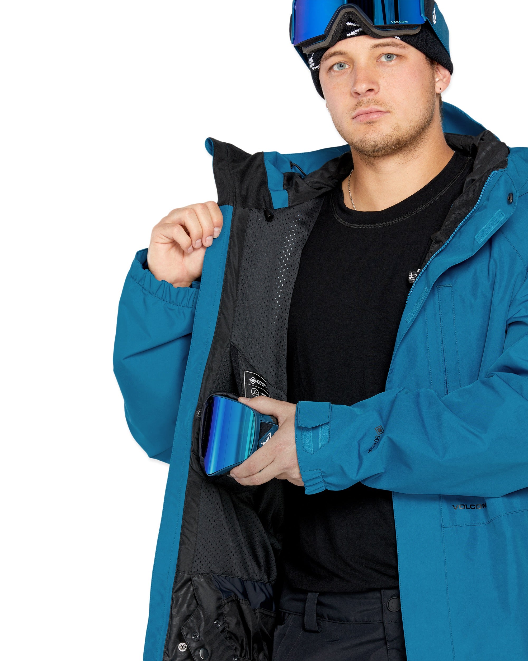Volcom Men's Dua Insulated GORE-TEX Jacket - A blue jacket with a black zipper and two zippered pockets on the front.