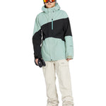 Volcom Primary Insulated Jacket 2025 - A black, grey, and light blue jacket with a hood, zipper, and two zippered pockets on the front.