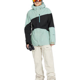 Volcom Primary Insulated Jacket 2025 - A black, grey, and light blue jacket with a hood, zipper, and two zippered pockets on the front.