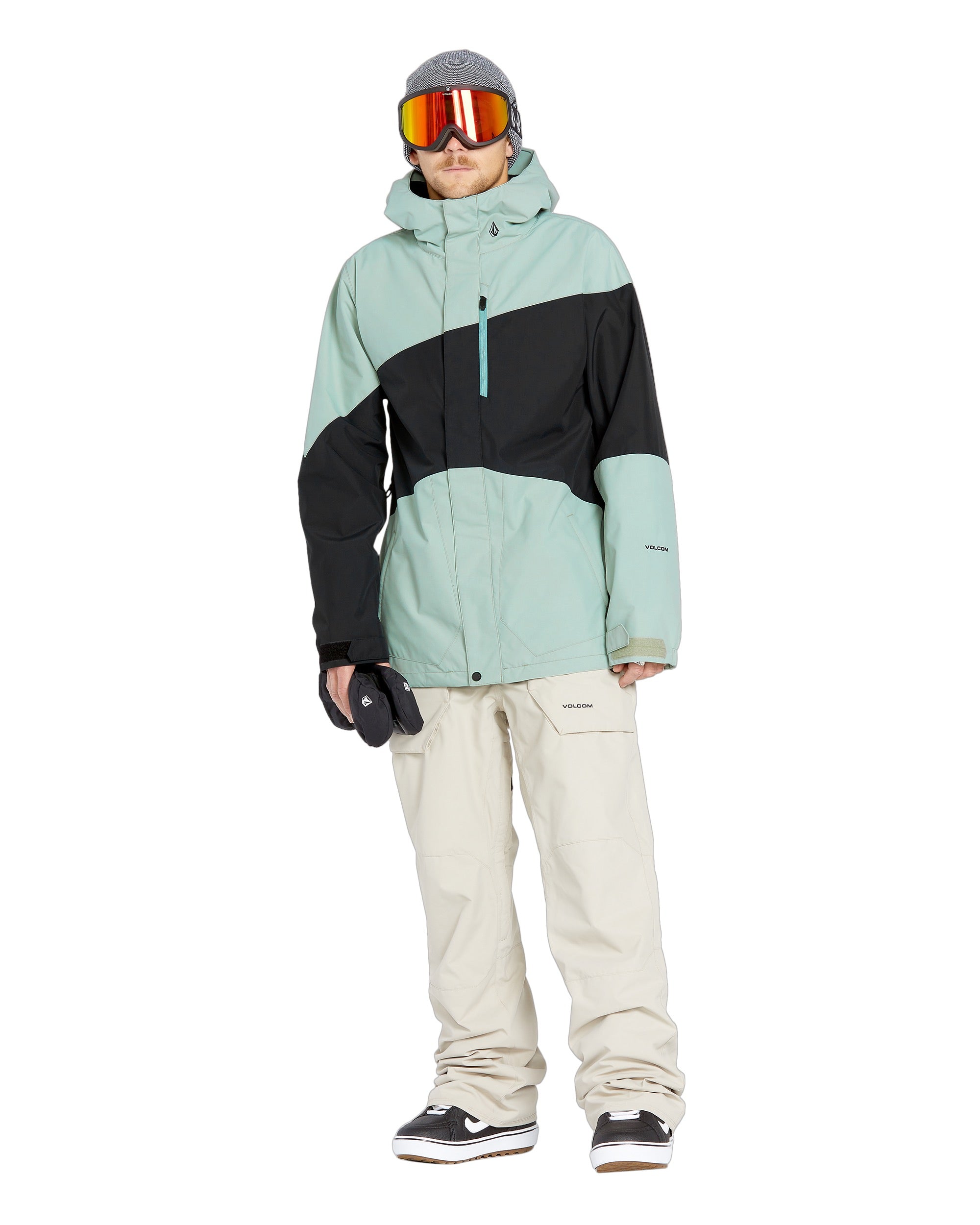 Volcom Primary Insulated Jacket 2025 - A black, grey, and light blue jacket with a hood, zipper, and two zippered pockets on the front.