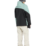 Volcom Primary Insulated Jacket 2025 - A black jacket with a light blue-green stripe across the chest and down the arm, featuring a hood and zippered pockets.