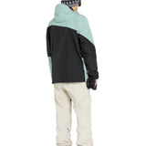 Volcom Primary Insulated Jacket 2025 - A black jacket with a light blue-green stripe across the chest and down the arm, featuring a hood and zippered pockets.