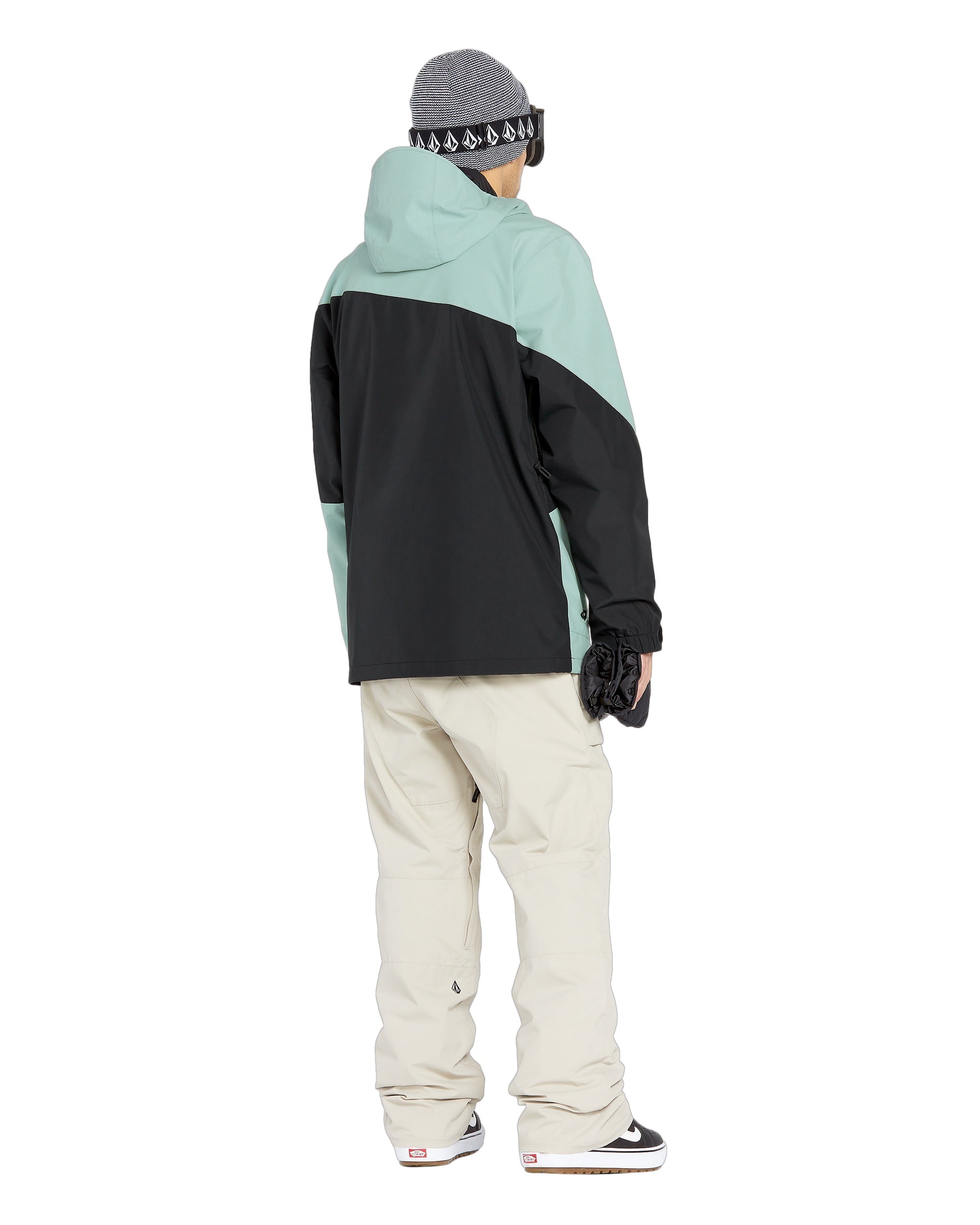 Volcom Primary Insulated Jacket 2025 - A black jacket with a light blue-green stripe across the chest and down the arm, featuring a hood and zippered pockets.