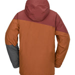 Volcom Primary Insulated Jacket 2025 - A brown jacket with a hood, featuring a diagonal stripe pattern on the chest and sleeves in lighter brown and white colors.