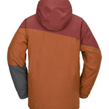 Volcom Primary Insulated Jacket 2025 - A brown jacket with a hood, featuring a diagonal stripe pattern on the chest and sleeves in lighter brown and white colors.