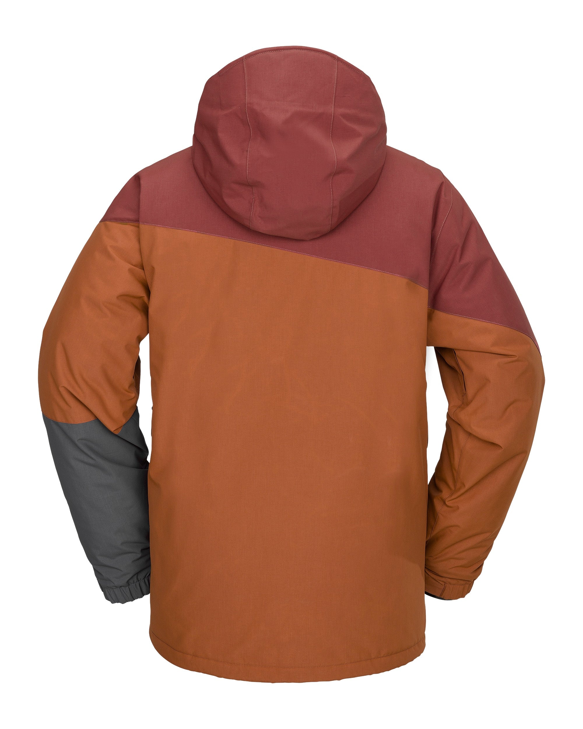 Volcom Primary Insulated Jacket 2025 - A brown jacket with a hood, featuring a diagonal stripe pattern on the chest and sleeves in lighter brown and white colors.