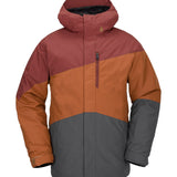 Volcom Primary Insulated Jacket 2025 - A red, orange, and gray jacket with a hood, featuring a diagonal stripe pattern on the chest.