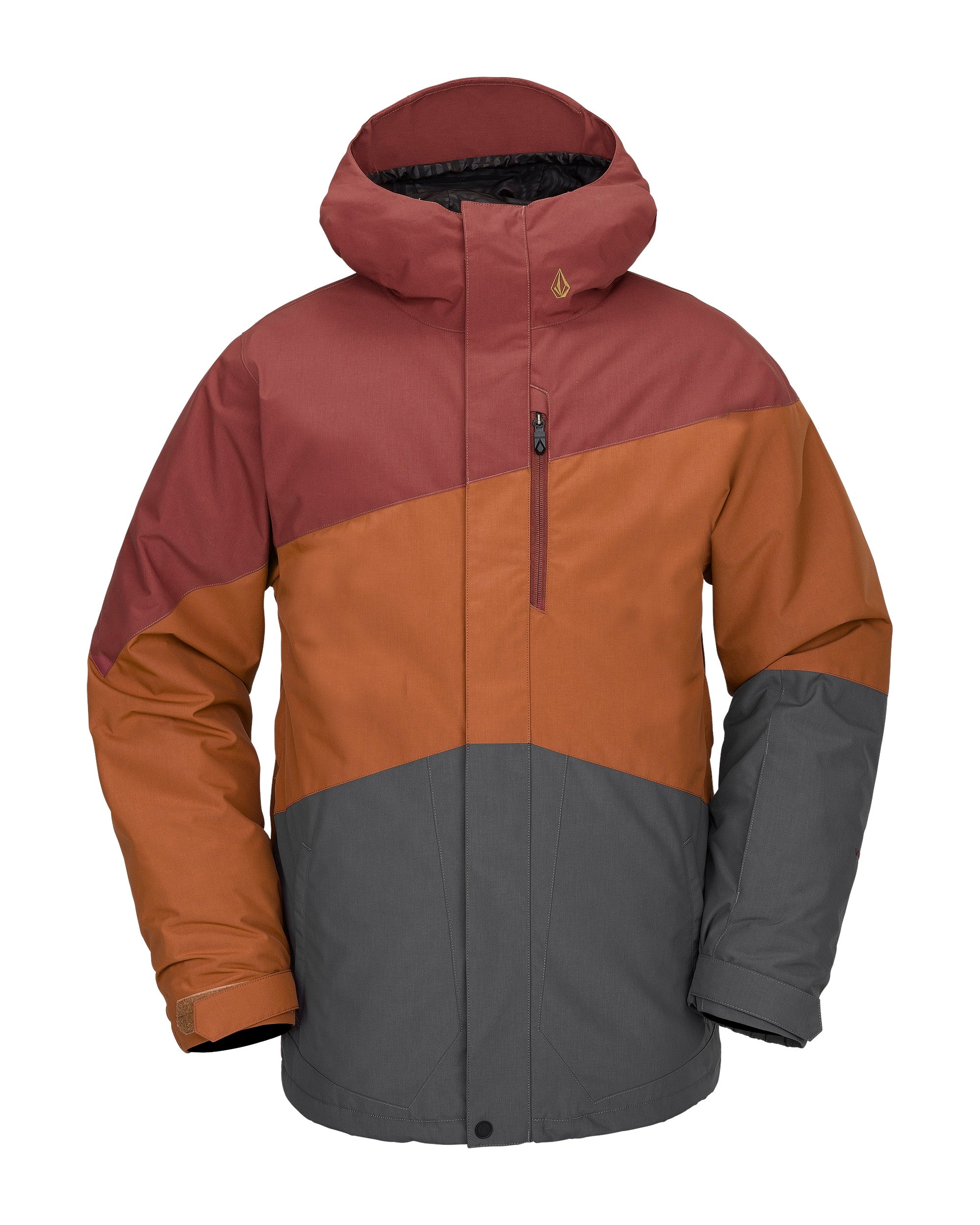 Volcom Primary Insulated Jacket 2025 - A red, orange, and gray jacket with a hood, featuring a diagonal stripe pattern on the chest.