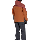 Volcom Primary Insulated Jacket - A brown jacket with a hood, featuring a large logo on the chest and two zippered pockets at the waist.