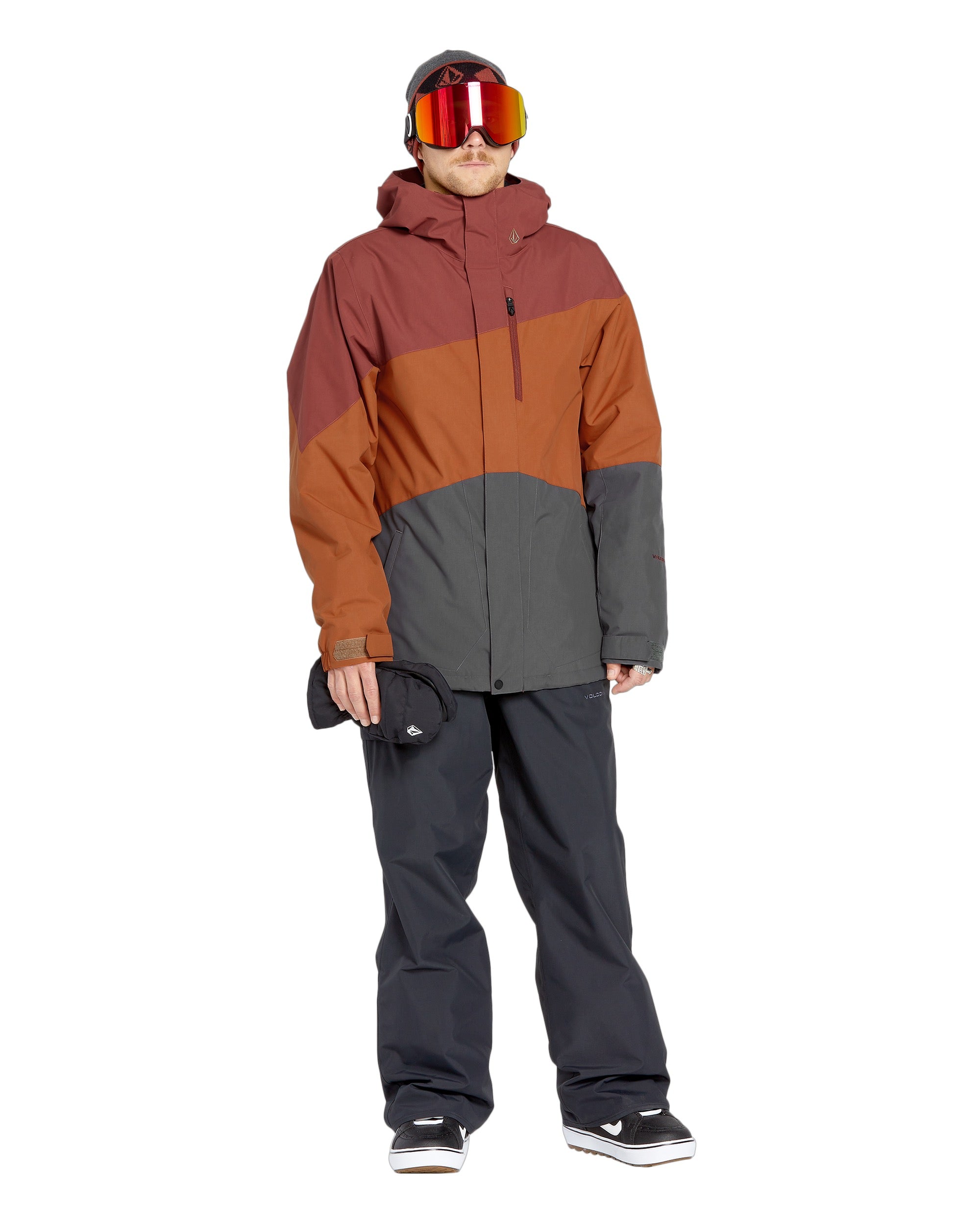Volcom Primary Insulated Jacket - A red, orange, and gray jacket with a hood, zippered pockets, and a logo on the left chest.