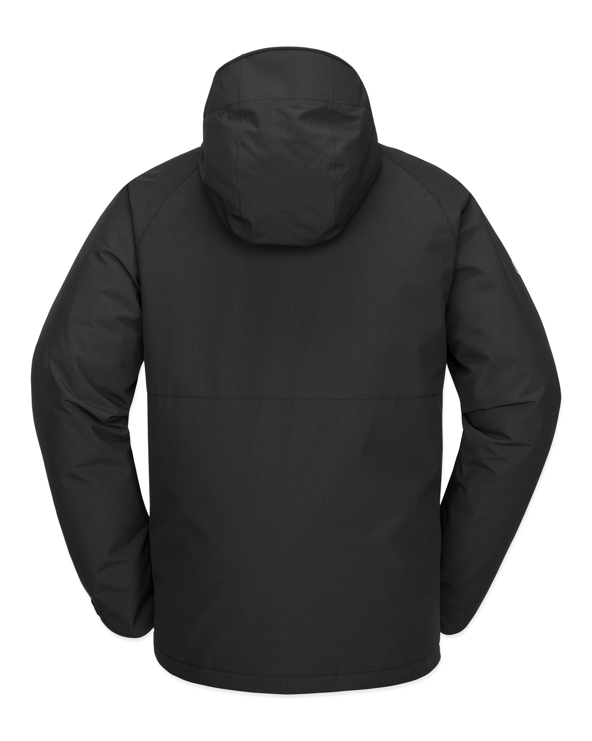 Volcom 2836 Insulated Jacket - A black insulated jacket with a hood, featuring a zippered front and two side pockets.
