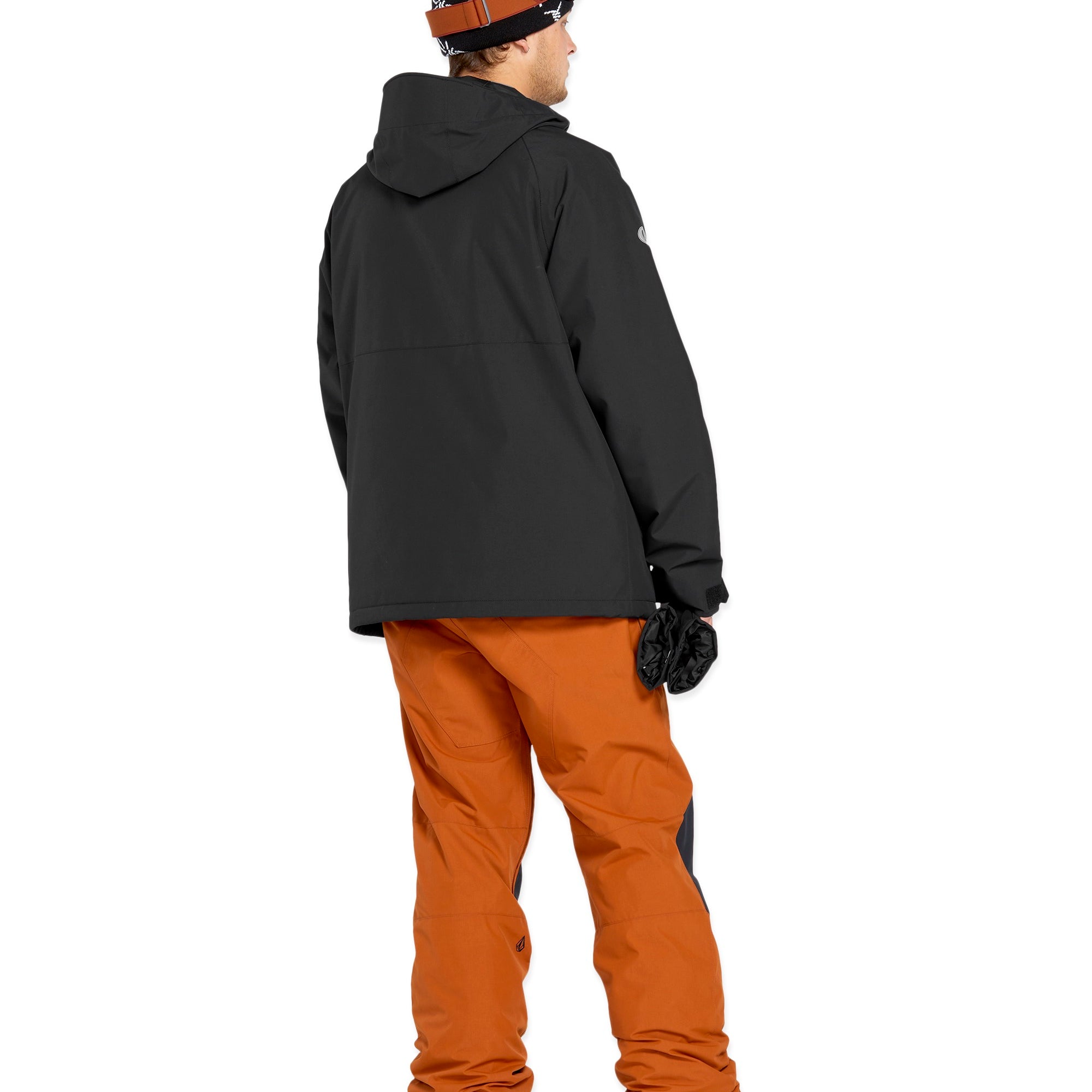 Volcom 2836 Insulated Jacket - A black jacket with a hood, featuring white lettering on the left chest and a zipper down the front.