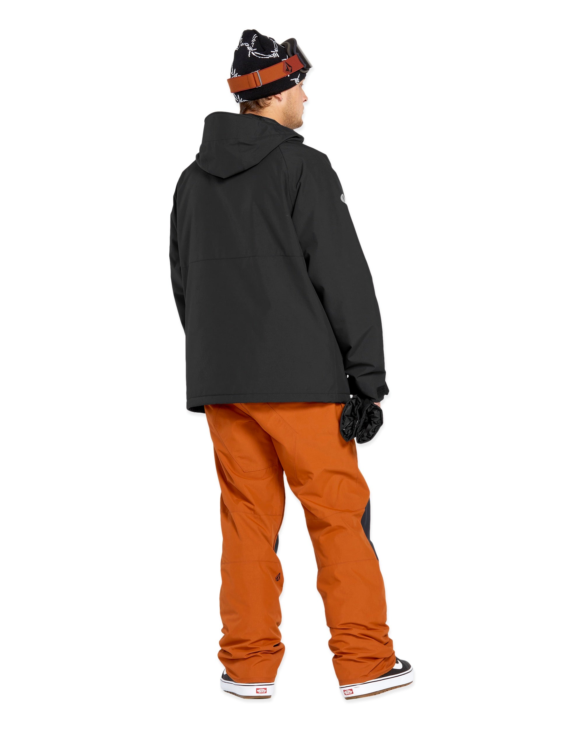 Volcom 2836 Insulated Jacket - A black jacket with a hood, featuring white lettering on the left chest and a zipper down the front.