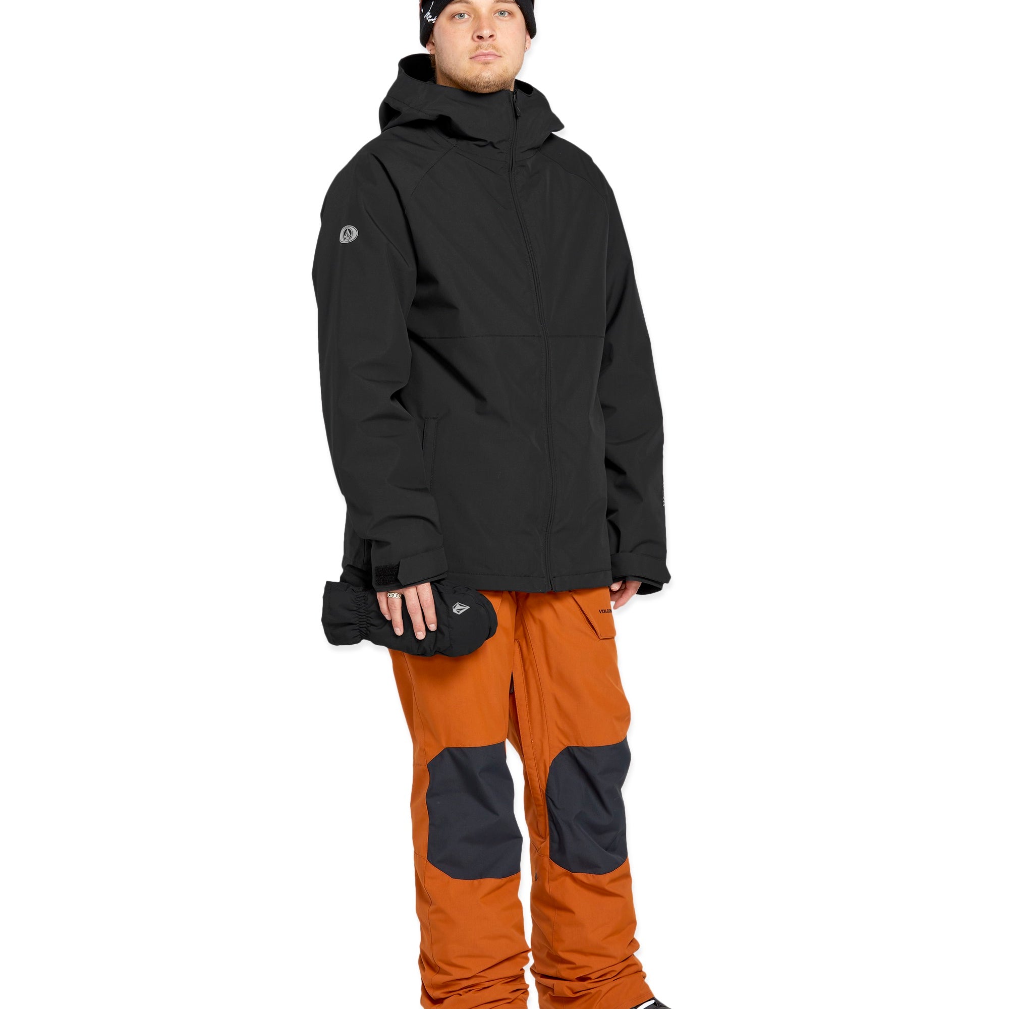 Volcom 2836 Insulated Jacket - A black jacket with a hood, zippered pockets and white logo on left sleeve.