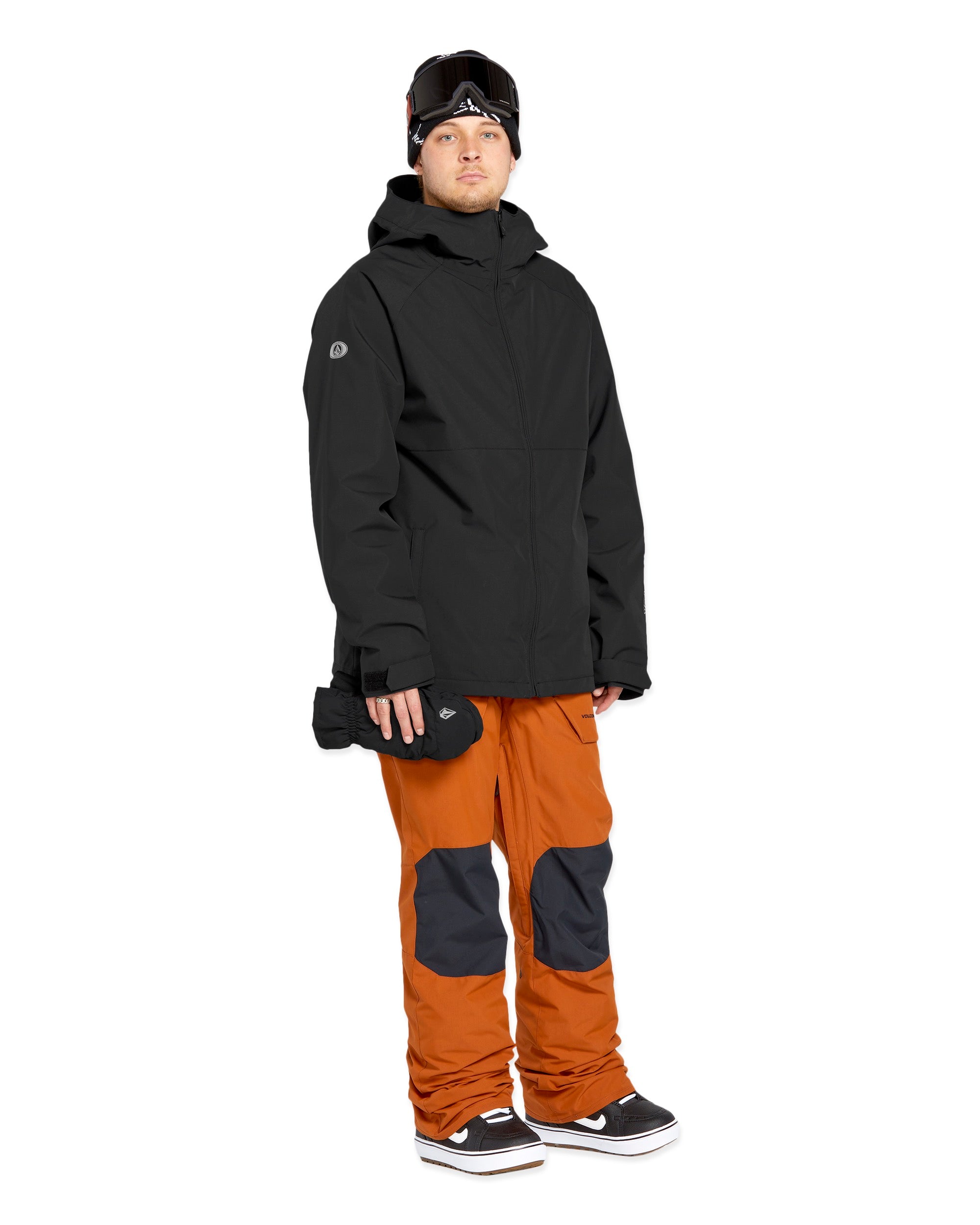 Volcom 2836 Insulated Jacket - A black jacket with a hood, zippered pockets and white logo on left sleeve.