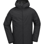 Volcom 2836 Insulated Jacket - A black insulated jacket with a hood, featuring a zippered front and two side pockets.