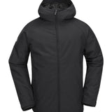 Volcom 2836 Insulated Jacket - A black insulated jacket with a hood, featuring a zippered front and two side pockets.