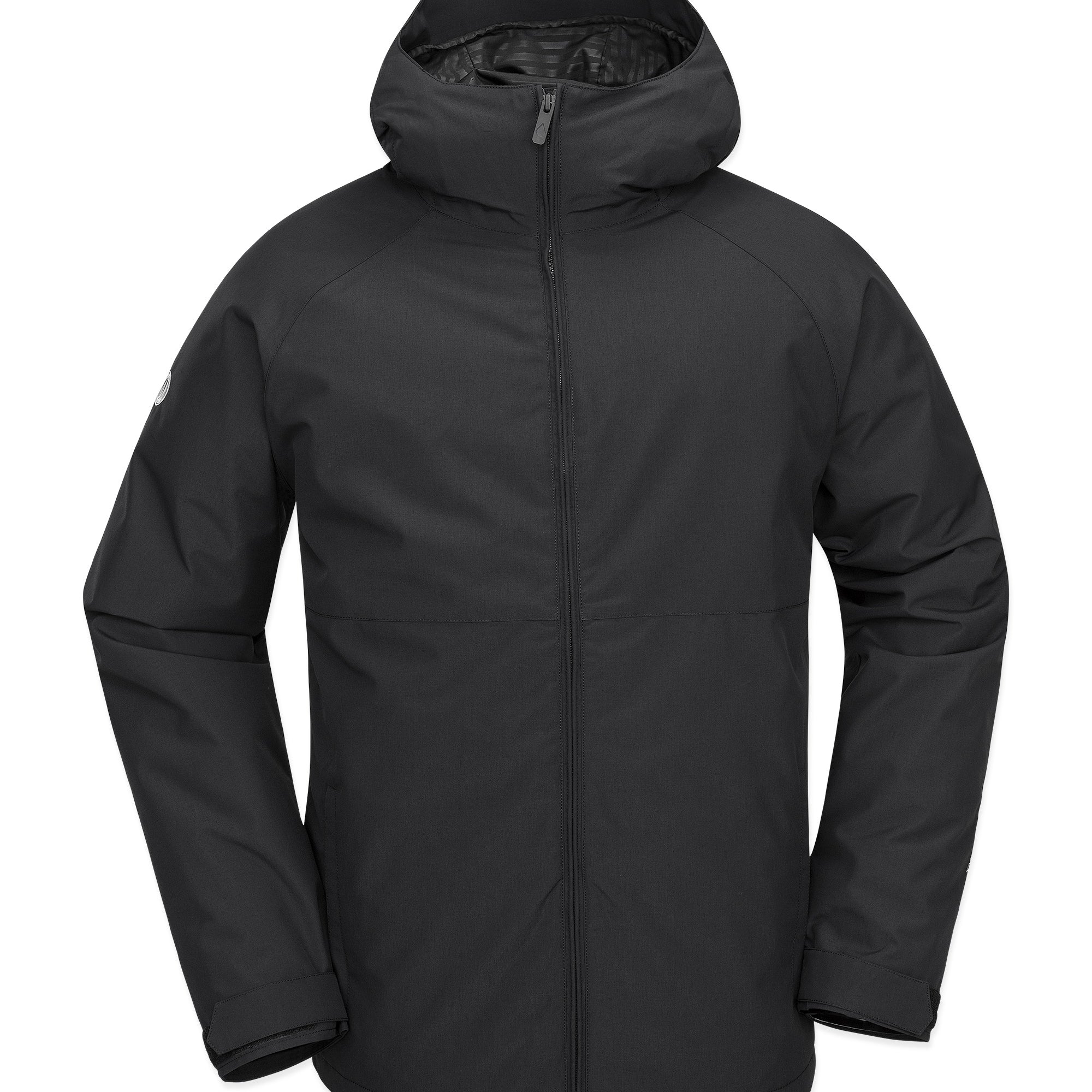 Volcom 2836 Insulated Jacket - A black insulated jacket with a hood, featuring a zippered front and two side pockets.
