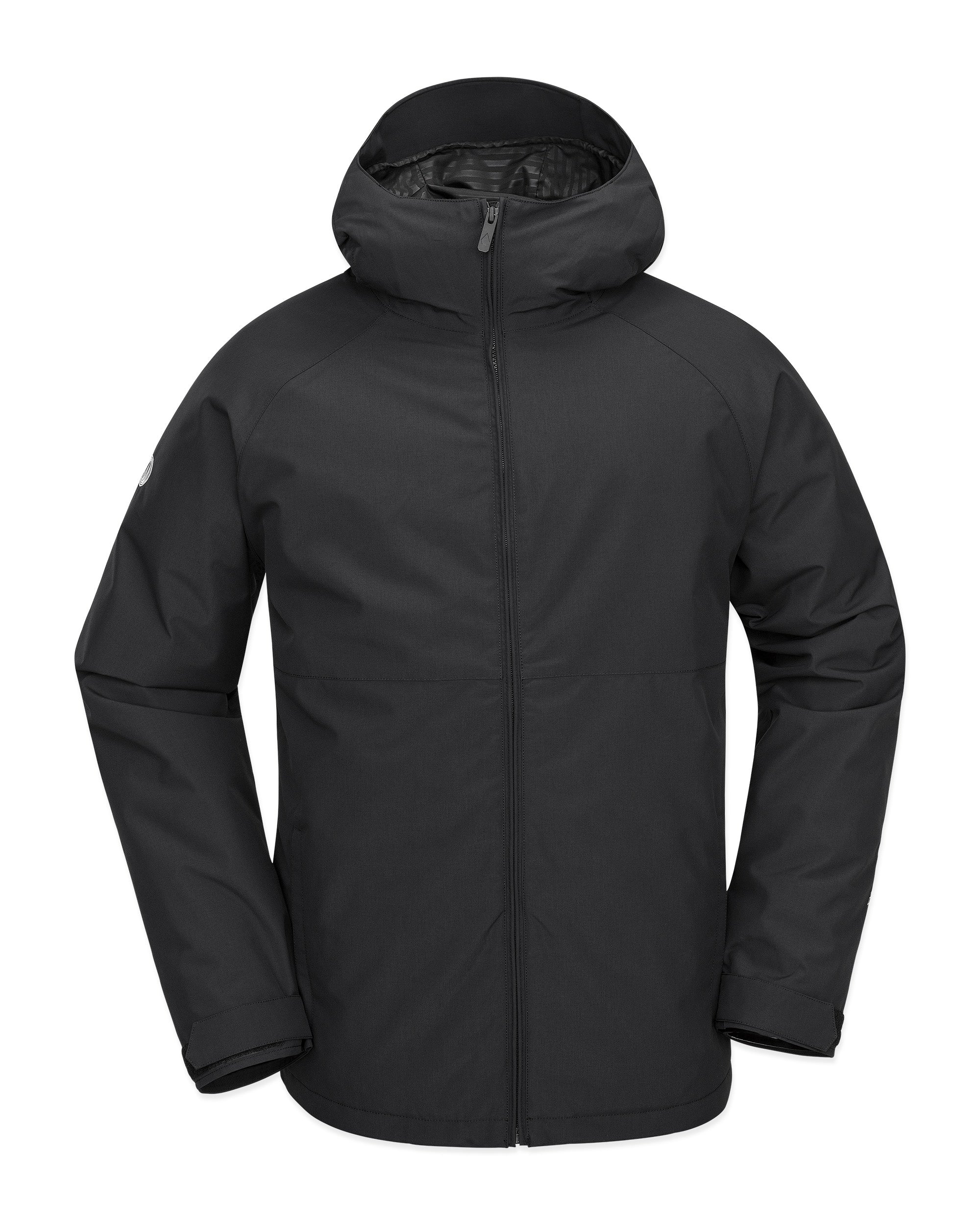Volcom 2836 Insulated Jacket - A black insulated jacket with a hood, featuring a zippered front and two side pockets.