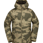 Volcom 2836 Insulated Jacket - A dark green jacket with a subtle pattern of lighter green and white accents, featuring a hood and zippered pockets.