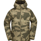 Volcom 2836 Insulated Jacket - A dark green jacket with a subtle pattern of lighter green and white accents, featuring a hood and zippered pockets.