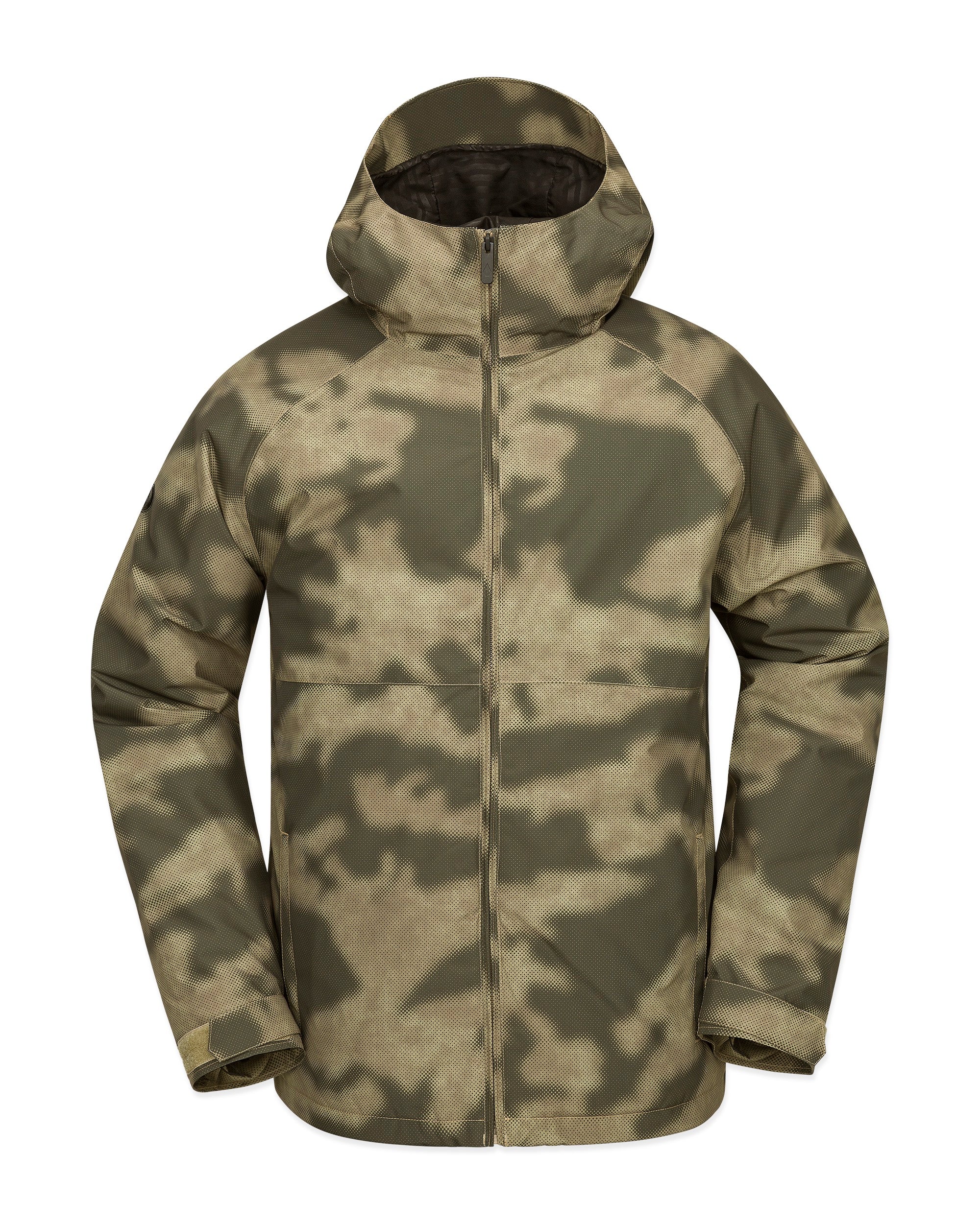 Volcom 2836 Insulated Jacket - A dark green jacket with a subtle pattern of lighter green and white accents, featuring a hood and zippered pockets.