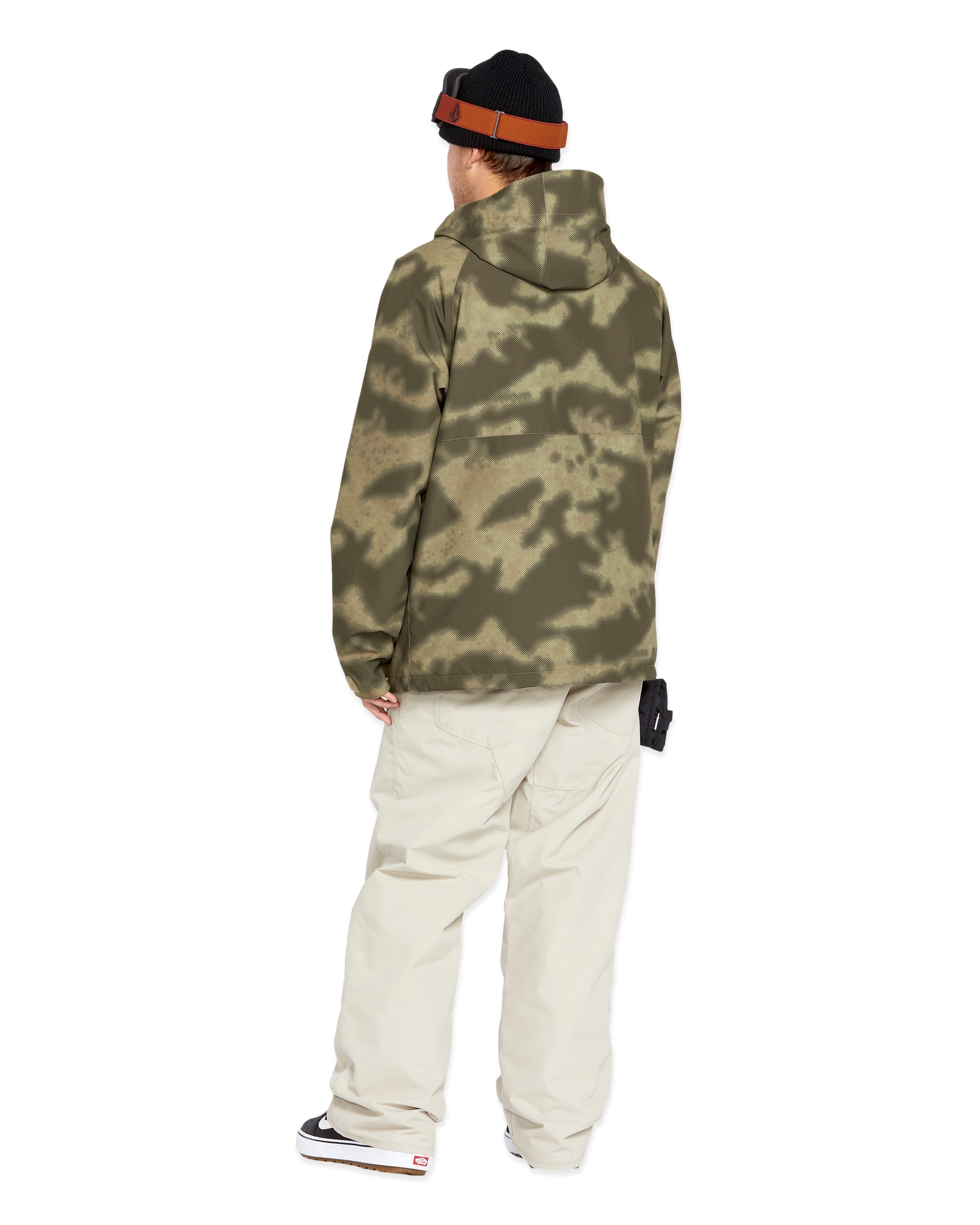Volcom 2836 Insulated Jacket - A dark green jacket with a hood, featuring a camouflage pattern of lighter and darker green shapes.