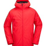 Volcom 2836 Insulated Jacket - A red insulated jacket with a hood, featuring black zippers and a black logo on the left sleeve.