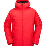 Volcom 2836 Insulated Jacket - A red insulated jacket with a hood, featuring black zippers and a black logo on the left sleeve.