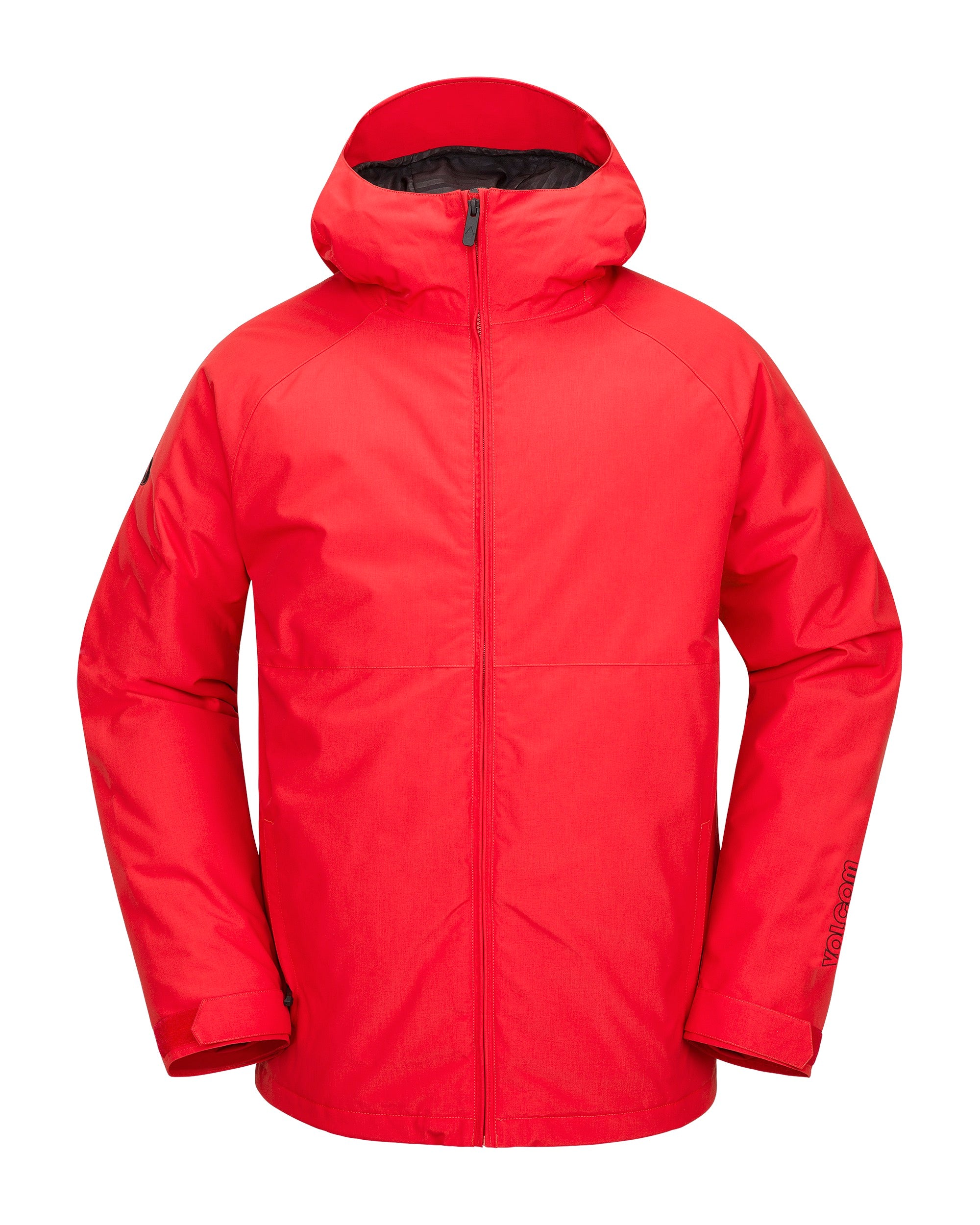 Volcom 2836 Insulated Jacket - A red insulated jacket with a hood, featuring black zippers and a black logo on the left sleeve.