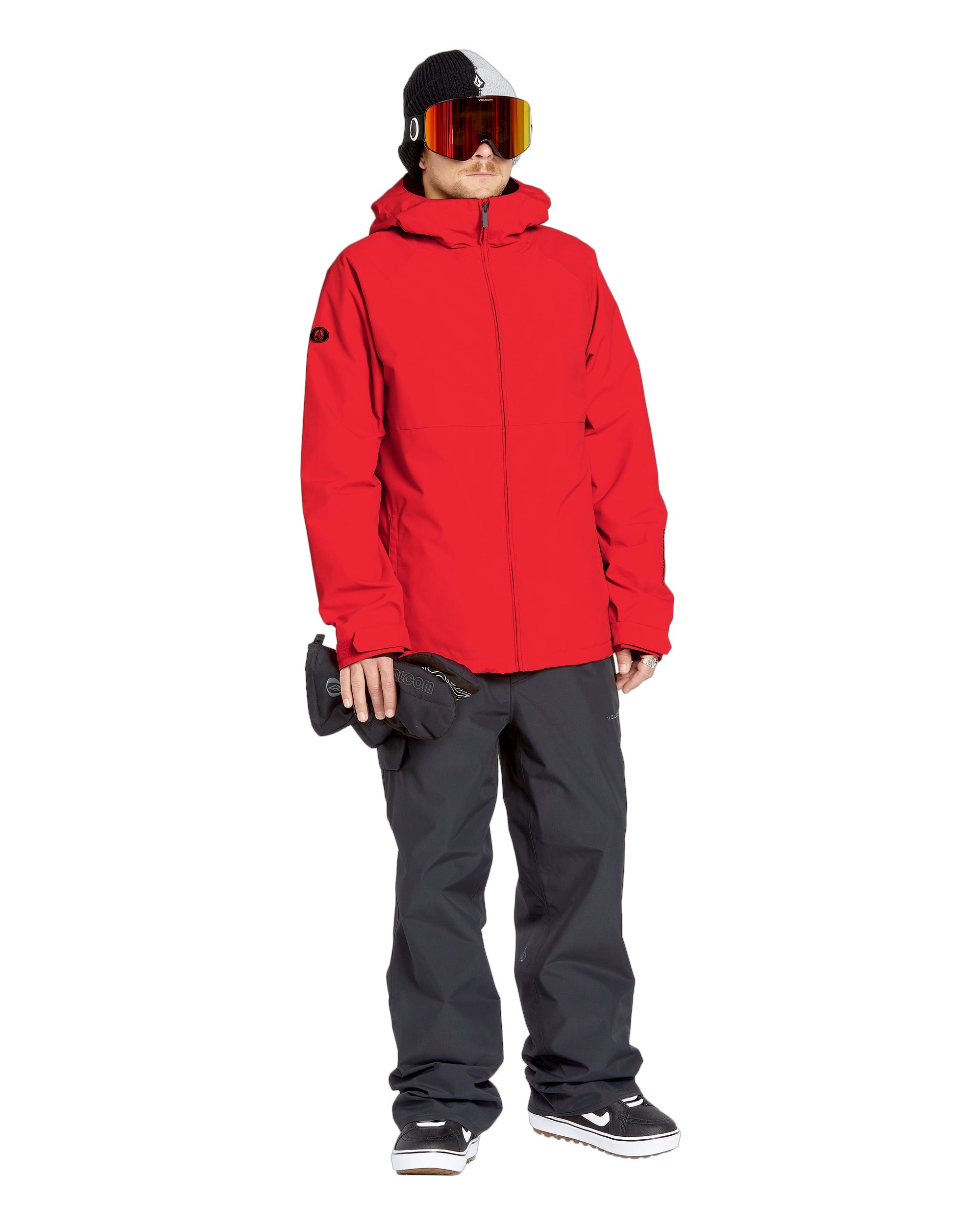 Volcom 2836 Insulated Jacket - A red jacket with a hood, zippered pockets and black accents on the shoulders.