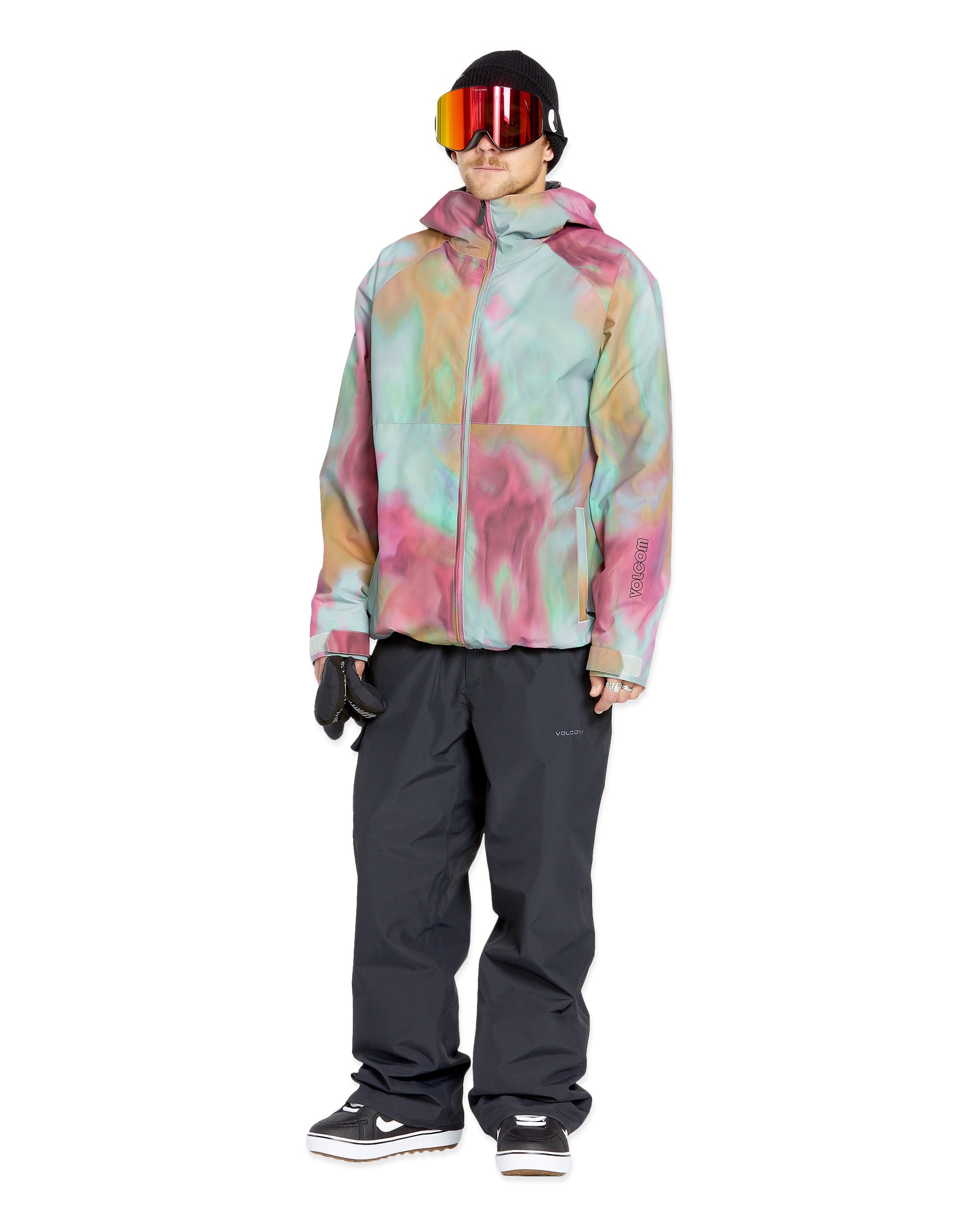 Volcom 2836 Insulated Jacket - A multicolored jacket with a tie-dye pattern in shades of pink, green, and yellow.