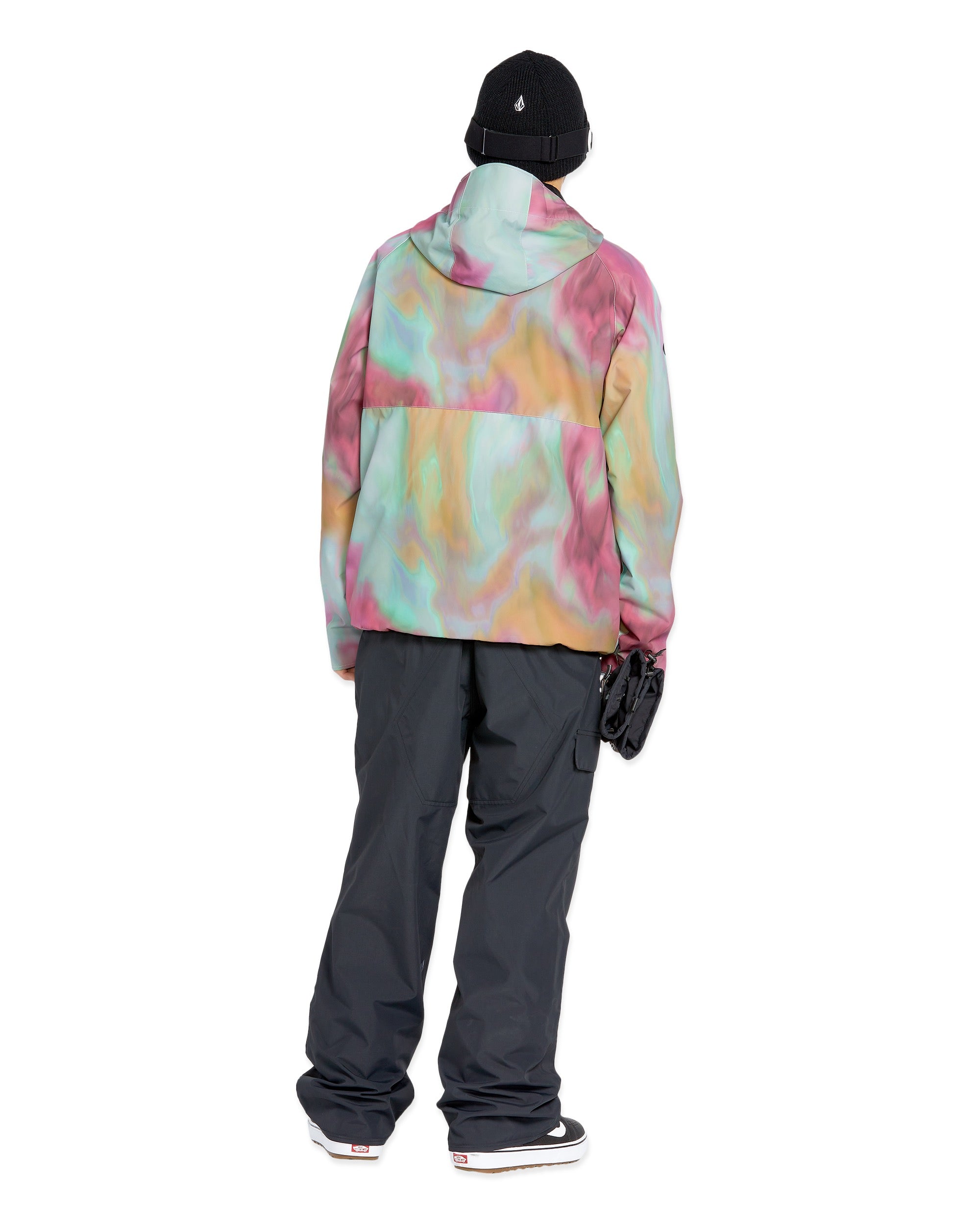 Volcom 2836 Insulated Jacket - A pastel tie-dye patterned jacket with a hood, featuring a white logo on the left chest and a black zipper.