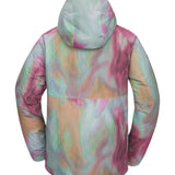 Volcom 2836 Insulated Jacket - A pastel tie-dye patterned jacket with a hood, featuring shades of pink and green on a white background.