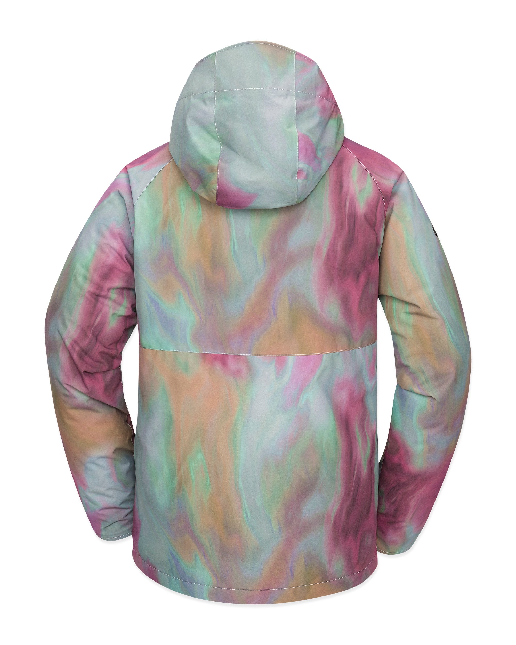 Volcom 2836 Insulated Jacket - A pastel tie-dye patterned jacket with a hood, featuring shades of pink and green on a white background.