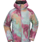 Volcom 2836 Insulated Jacket - A pastel tie-dye patterned jacket with a hood, featuring a zipper down the front and two side pockets.