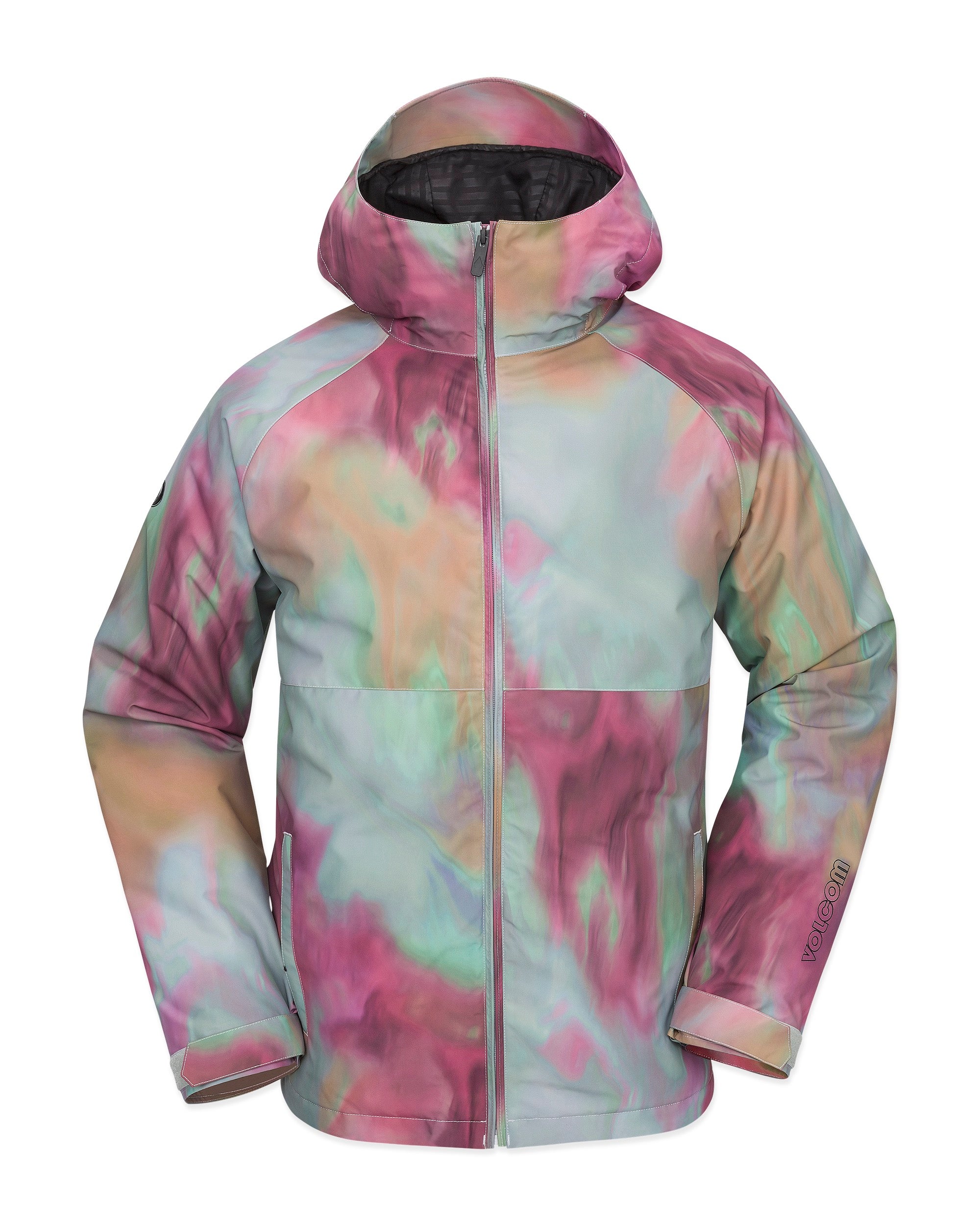 Volcom 2836 Insulated Jacket - A pastel tie-dye patterned jacket with a hood, featuring a zipper down the front and two side pockets.