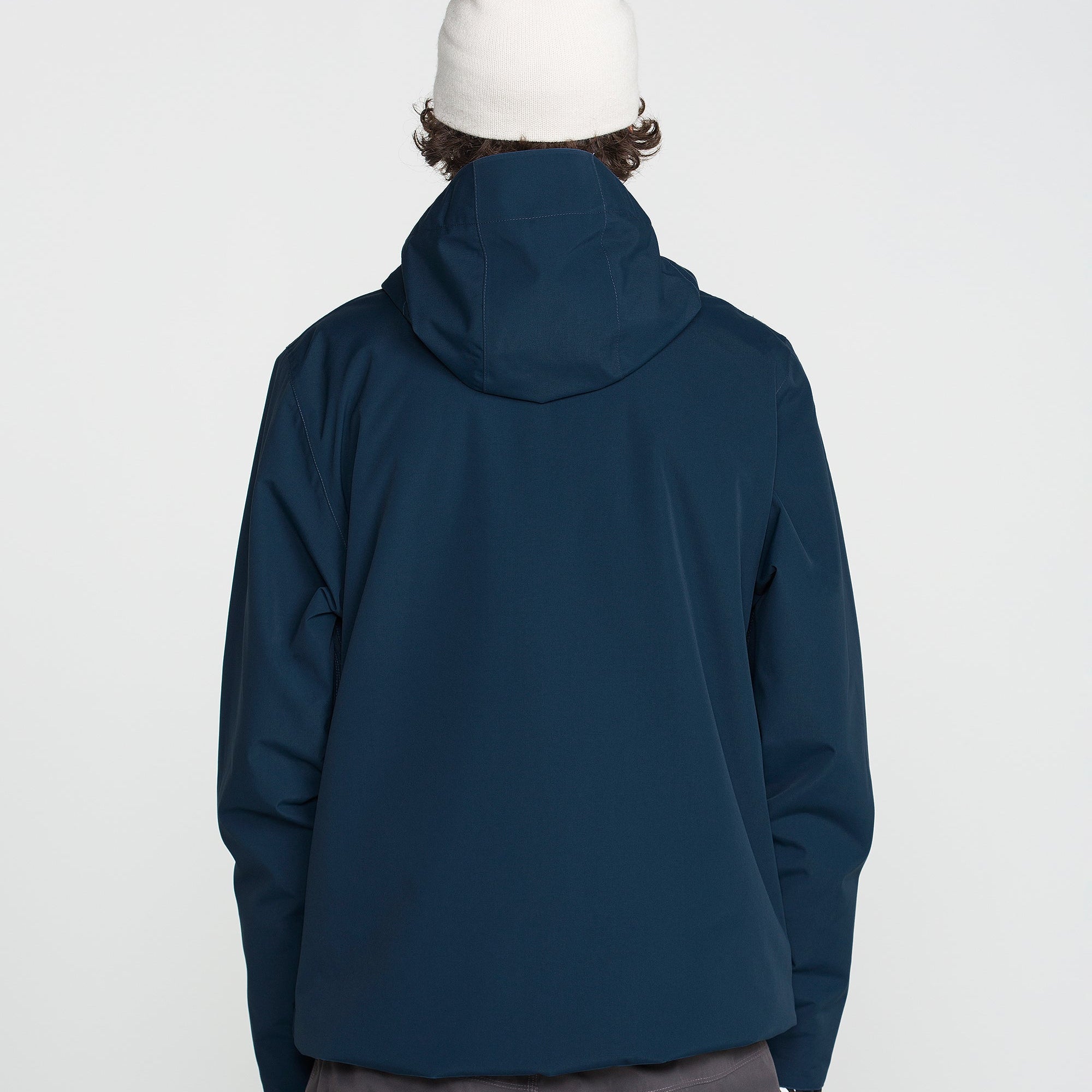 Blue back view of hooded jacket with full sleeves and relaxed fit