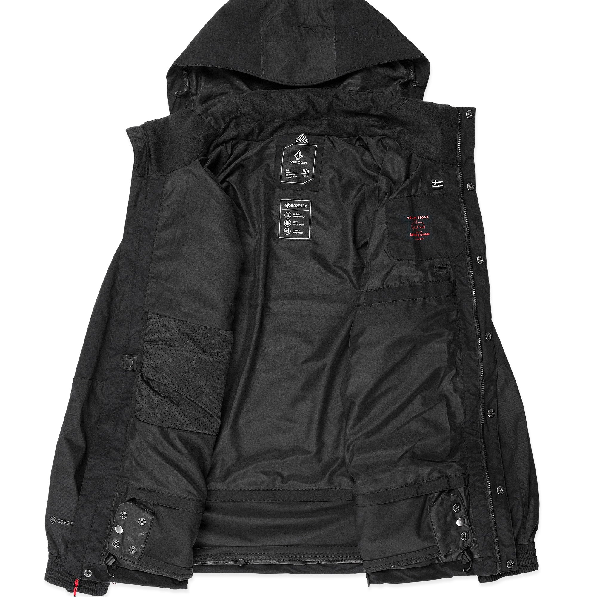 Volcom Longo GORE-TEX Jacket 2025 - A black jacket with a hood, featuring white lettering and logos on the chest and sleeve.