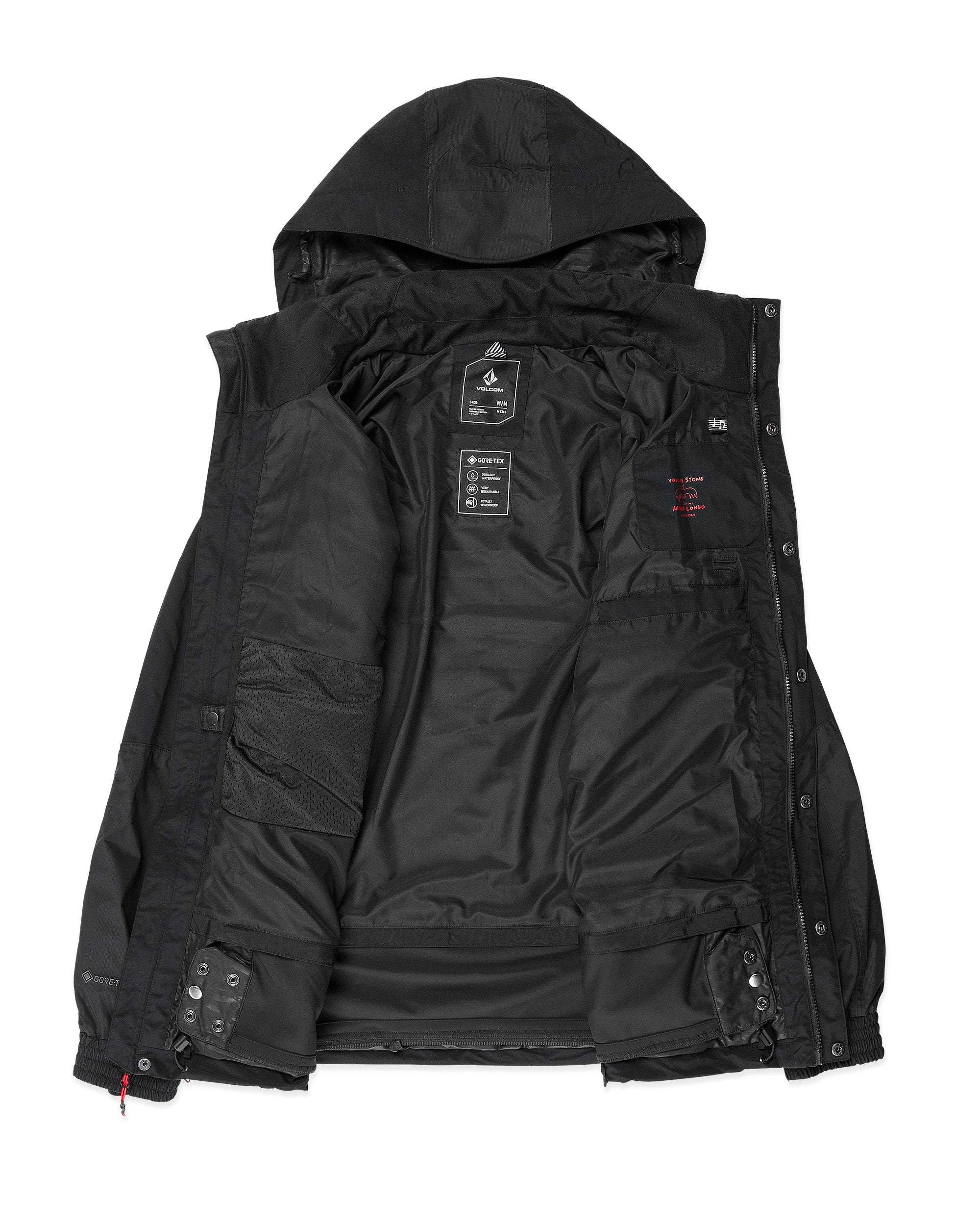 Volcom Longo GORE-TEX Jacket 2025 - A black jacket with a hood, featuring white lettering and logos on the chest and sleeve.