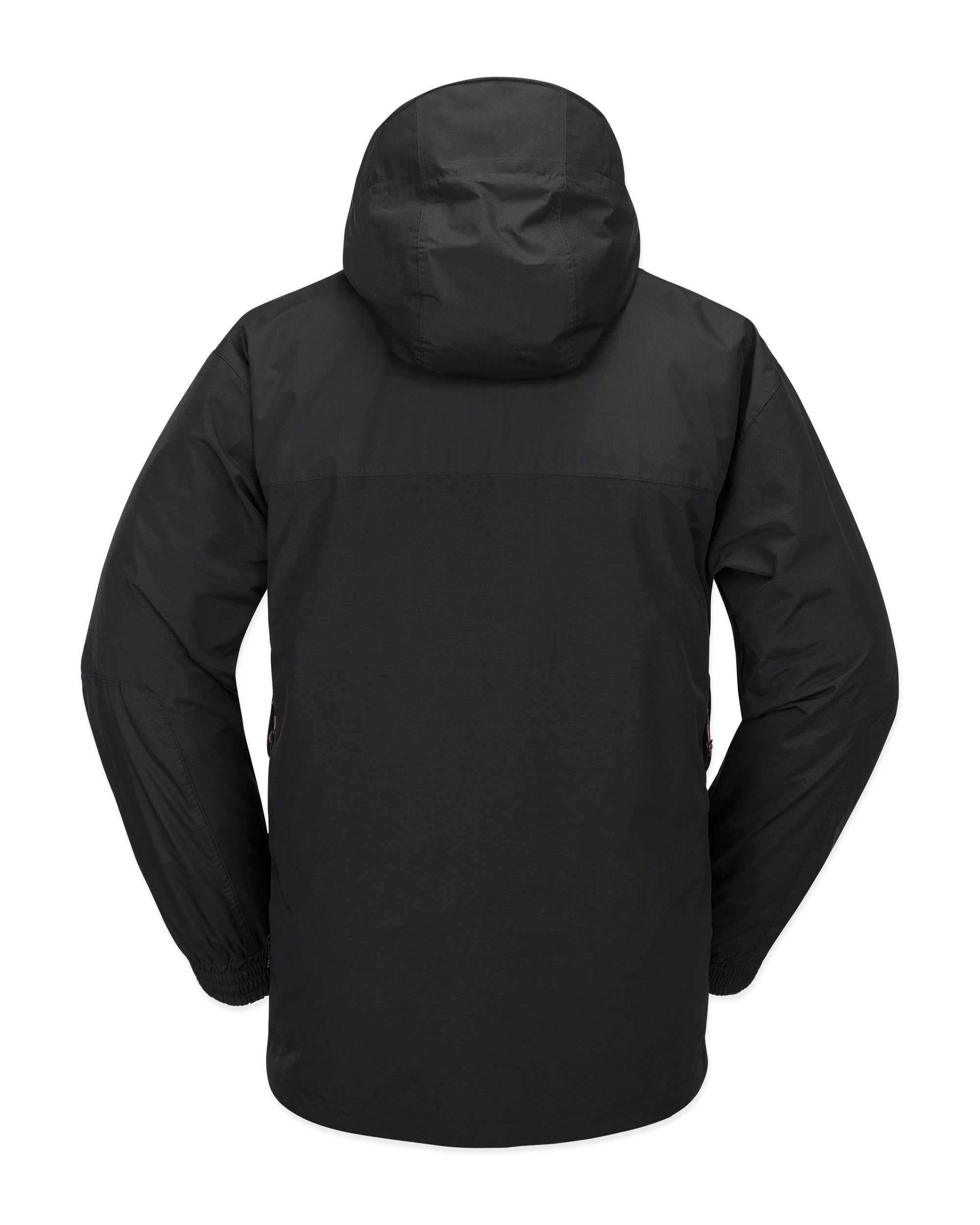 Volcom Longo GORE-TEX Jacket - A black jacket with a hood, featuring a zippered front and two side pockets.