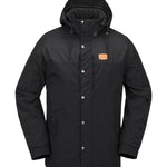 Volcom Longo GORE-TEX Jacket - A black jacket with a hood, featuring silver snap buttons and a brown leather patch on the left chest pocket.