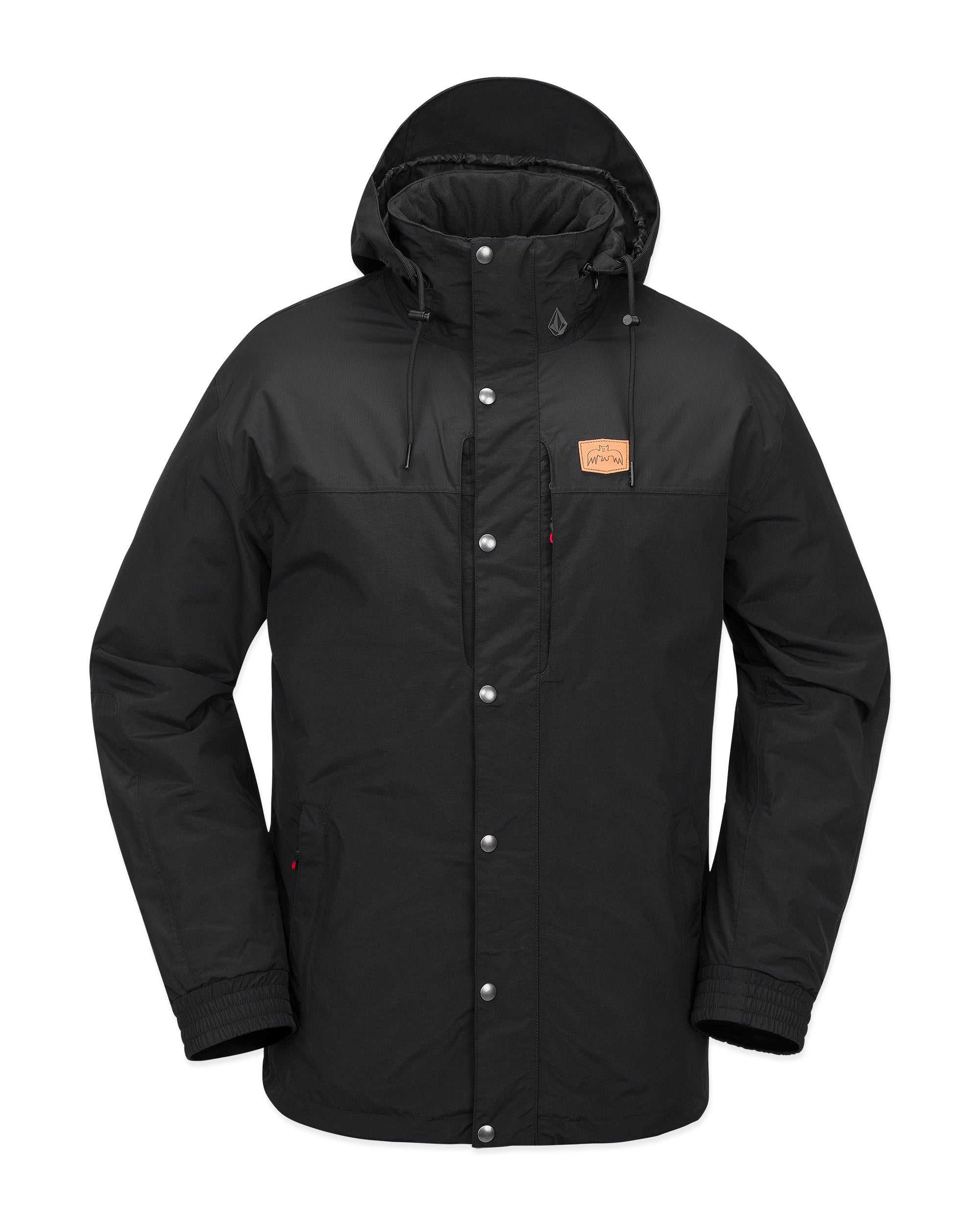 Volcom Longo GORE-TEX Jacket - A black jacket with a hood, featuring silver snap buttons and a brown leather patch on the left chest pocket.