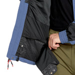 Volcom Longo GORE-TEX Jacket - A black jacket with a blue stripe down the side and a hood, featuring a zippered chest pocket on the right side.
