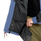 Volcom Longo GORE-TEX Jacket - A black jacket with a blue stripe down the side and a hood, featuring a zippered chest pocket on the right side.