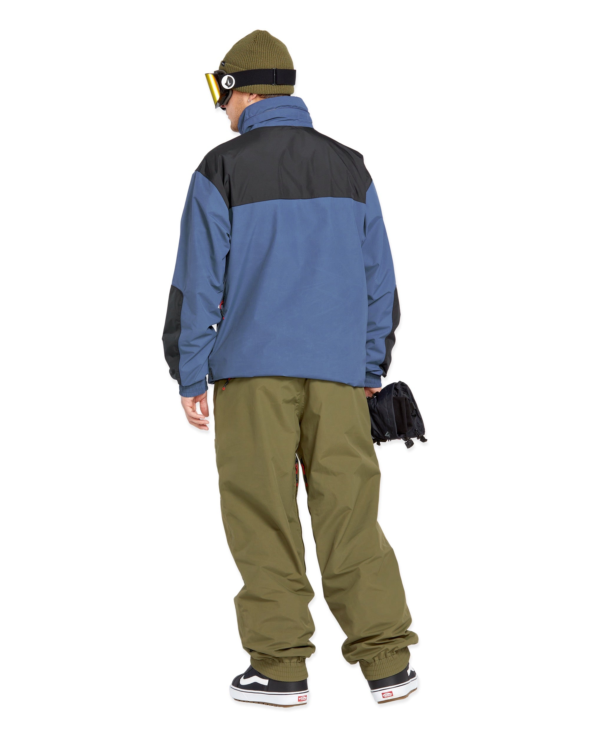 Volcom Longo GORE-TEX Jacket - A blue jacket with black accents and a high collar, featuring red drawstrings on the hood.