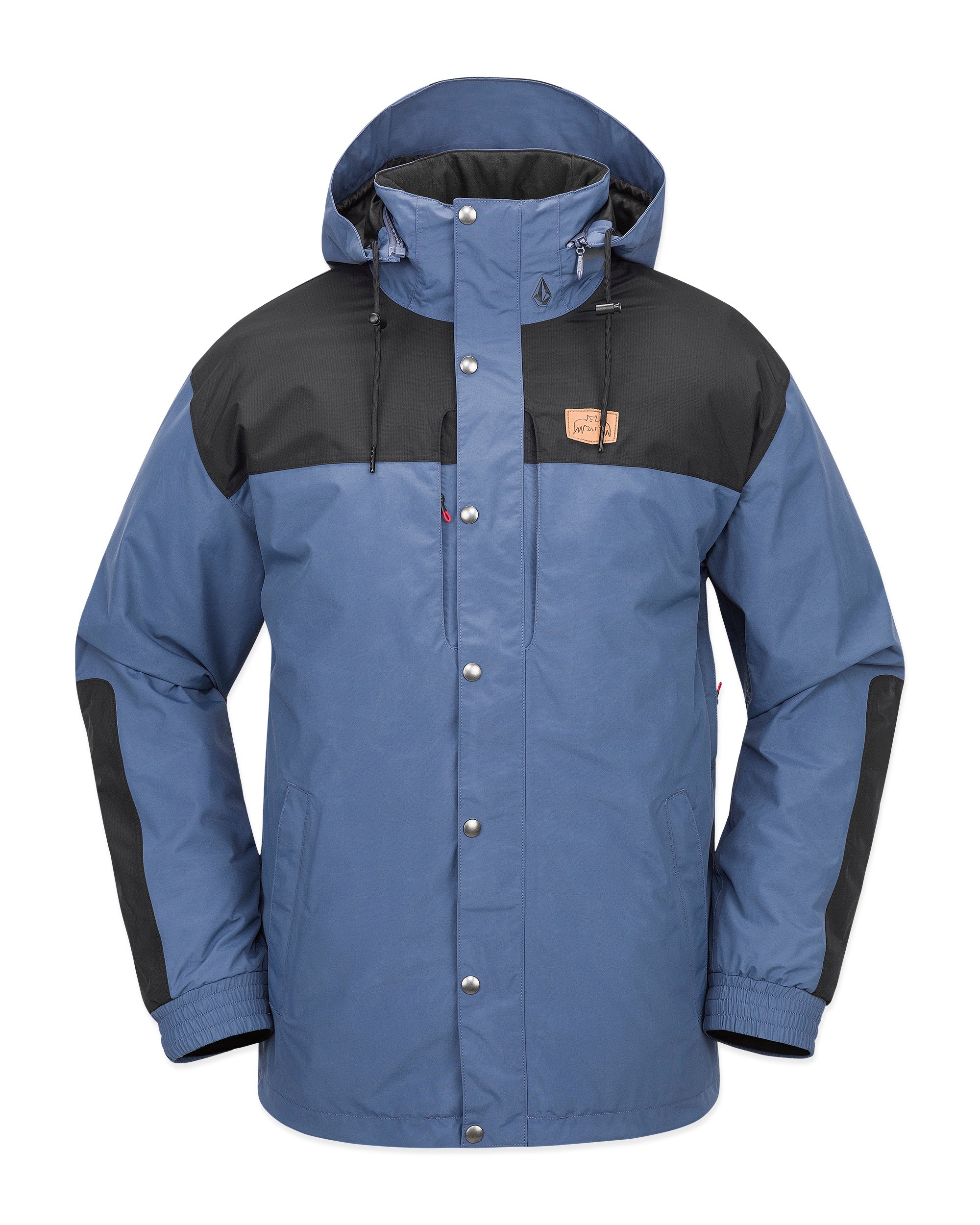 Volcom Longo GORE-TEX Jacket 2025 - A blue and black jacket with a hood, featuring silver snap buttons down the front.