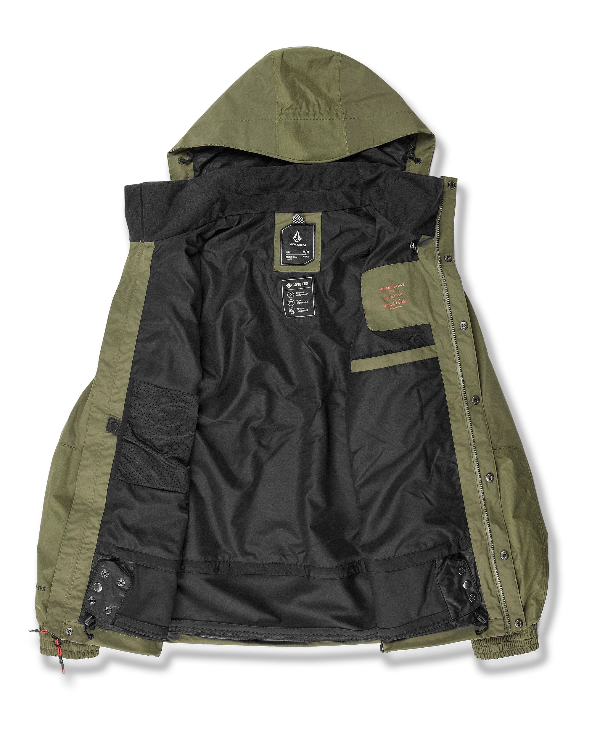 Volcom Longo GORE-TEX Jacket 2025 - A dark olive green jacket with a hood, featuring a zip closure and two front pockets.