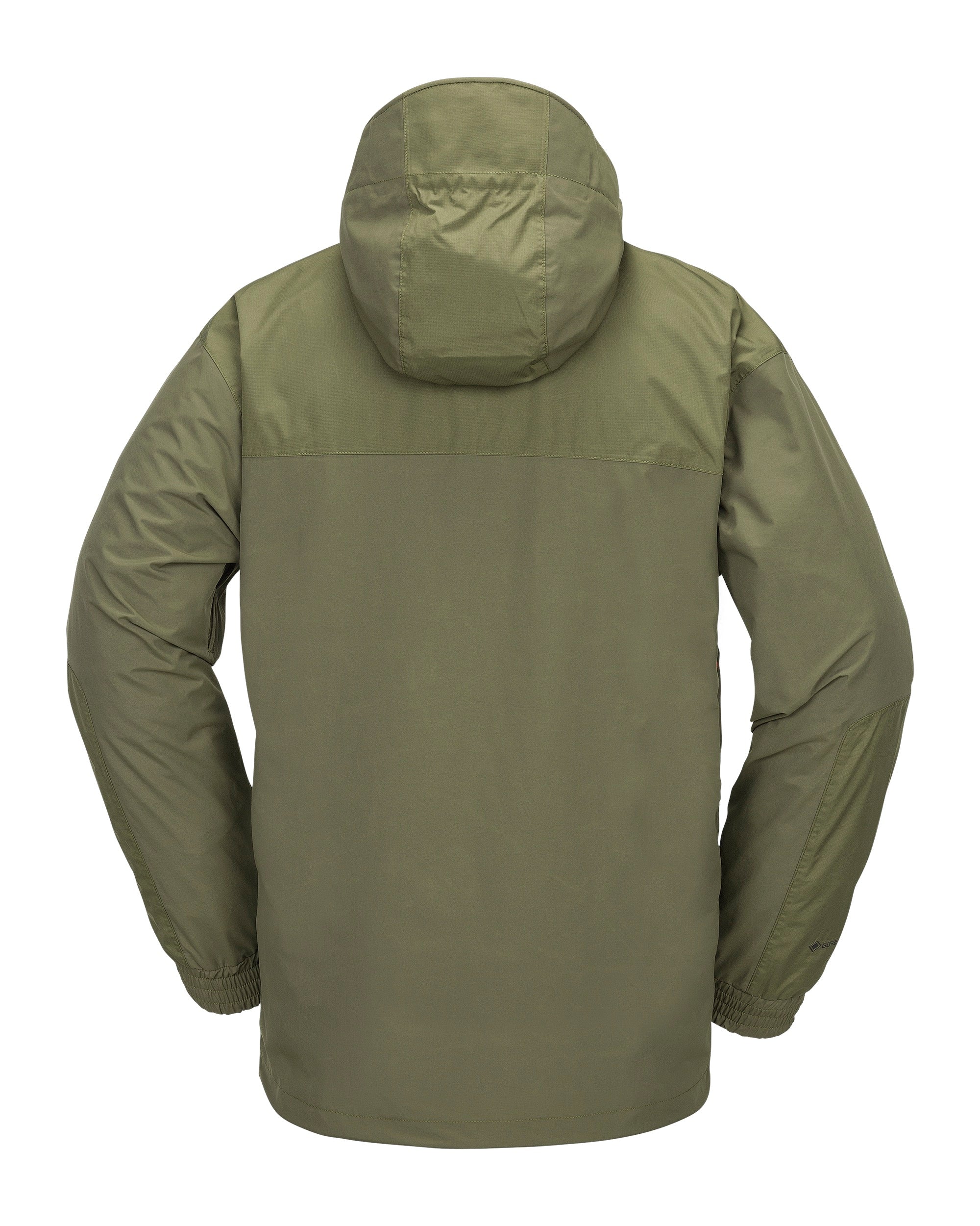 Volcom Longo GORE-TEX Jacket 2025 - A dark olive green jacket with a hood, featuring two zippered pockets on the front and a black zipper.