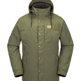 Volcom Longo GORE-TEX Jacket - A dark olive green jacket with a hood, featuring silver snap buttons and a tan logo patch on the left chest.